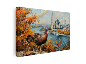 Autumn turkey landscape with river and historic architecture for elegant living room wall art.