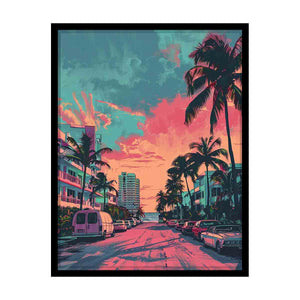 Neon tropical street scene with palm trees and ocean view for modern wall decor.
