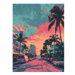 Neon tropical street scene with palm trees and ocean view for modern wall decor.