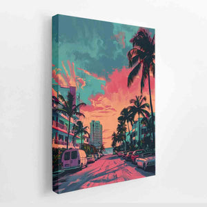 Neon tropical street scene with palm trees and ocean view for modern wall decor.
