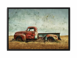 Rustic vintage pickup truck artwork for farmhouse living room wall decor.