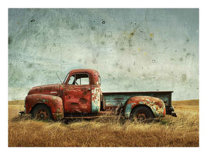 Rustic vintage pickup truck artwork for farmhouse living room wall decor.