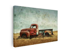 Rustic vintage pickup truck artwork for farmhouse living room wall decor.