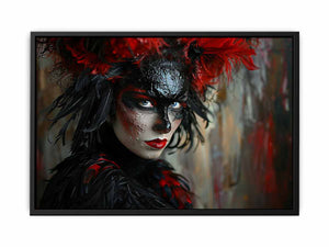 Dramatic feathered masked woman portrait canvas art for luxury living room decor.