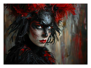 Dramatic feathered masked woman portrait canvas art for luxury living room decor.