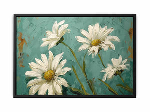 White daisy floral canvas art with teal background for elegant living room decor.