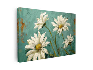 White daisy floral canvas art with teal background for elegant living room decor.