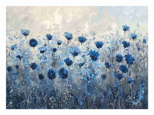 Blue wildflower meadow canvas artwork for calming bedroom wall decor.