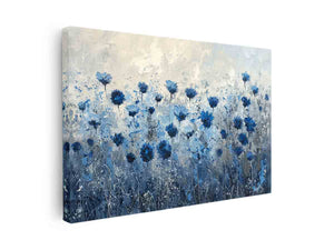 Blue wildflower meadow canvas artwork for calming bedroom wall decor.