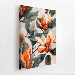 Magnolia floral canvas artwork with leaves for elegant bedroom decor.