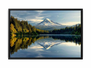 Mount Hood reflected in a calm Oregon lake surrounded by evergreen forests, landscape photography wall art.