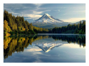 Mount Hood reflected in a calm Oregon lake surrounded by evergreen forests, landscape photography wall art.