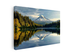Mount Hood reflected in a calm Oregon lake surrounded by evergreen forests, landscape photography wall art.