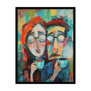 Colorful abstract portrait canvas art with coffee cups for modern living room and creative office decor.
