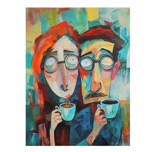 Colorful abstract portrait canvas art with coffee cups for modern living room and creative office decor.