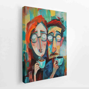 Colorful abstract portrait canvas art with coffee cups for modern living room and creative office decor.