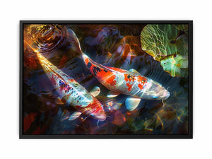 Colorful koi fish canvas art for modern living room and serene luxury interiors.