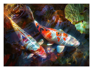 Colorful koi fish canvas art for modern living room and serene luxury interiors.