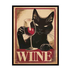 Vintage black cat wine poster art for home bar and dining room wall decor.