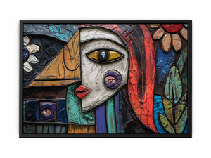 Abstract cubist portrait canvas art with geometric face design for modern living room decor.