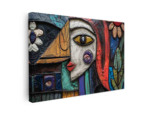 Abstract cubist portrait canvas art with geometric face design for modern living room decor.