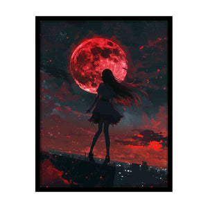Anime girl beneath a red moon fantasy canvas art for modern bedroom and gaming room decor.
