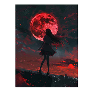 Anime girl beneath a red moon fantasy canvas art for modern bedroom and gaming room decor.