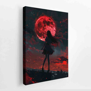 Anime girl beneath a red moon fantasy canvas art for modern bedroom and gaming room decor.