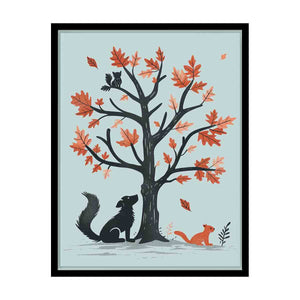 Autumn tree with dog squirrel and cat illustration canvas art for nursery and modern kids room decor.