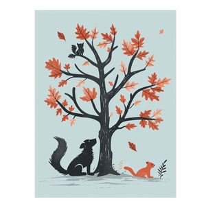 Autumn tree with dog squirrel and cat illustration canvas art for nursery and modern kids room decor.
