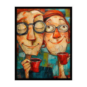 Contemporary portrait artwork of two people enjoying coffee for modern kitchen and dining room decor.