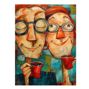 Contemporary portrait artwork of two people enjoying coffee for modern kitchen and dining room decor.
