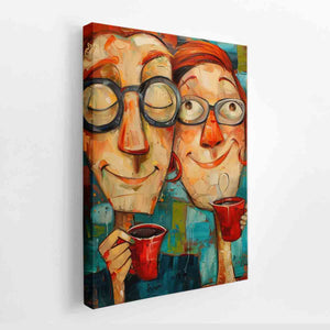 Contemporary portrait artwork of two people enjoying coffee for modern kitchen and dining room decor.
