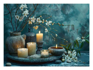 Elegant candle and blossom still life photography for relaxing spa inspired decor