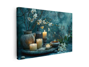 Elegant candle and blossom still life photography for relaxing spa inspired decor