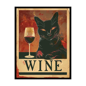 Vintage black cat with wine glass artwork for home bar decor