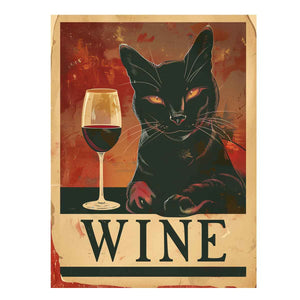 Vintage black cat with wine glass artwork for home bar decor