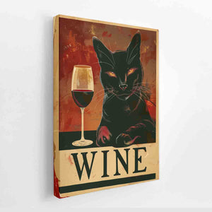 Vintage black cat with wine glass artwork for home bar decor