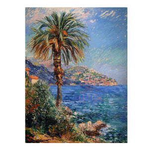 Impressionist coastal landscape with palm tree for elegant living room decor