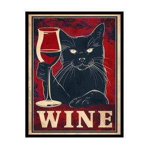 Vintage black cat holding wine glass artwork for home bar wall decor
