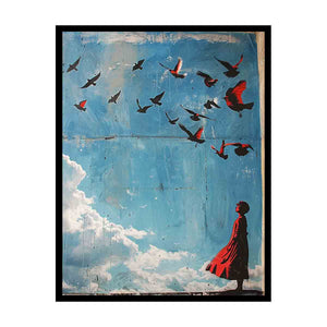 Surreal blue sky bird canvas art with red figure for modern living room decor.