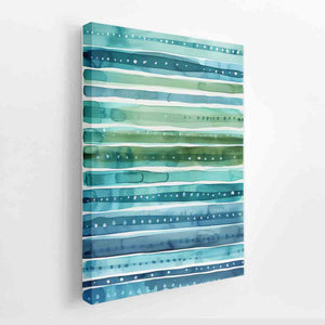 Coastal watercolor stripe canvas art in blue and teal for bathroom wall decor.