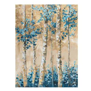 Blue birch tree canvas art with botanical forest style for elegant living room decor.