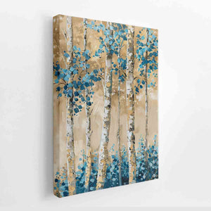 Blue birch tree canvas art with botanical forest style for elegant living room decor.