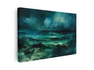 Moody teal abstract ocean canvas art for dramatic modern living room decor.