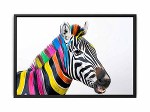 Colorful zebra portrait canvas art for bold modern kids room or office decor.
