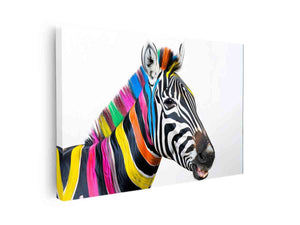Colorful zebra portrait canvas art for bold modern kids room or office decor.
