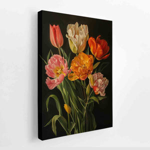 Elegant tulip still life canvas art with dark background for dining room decor.