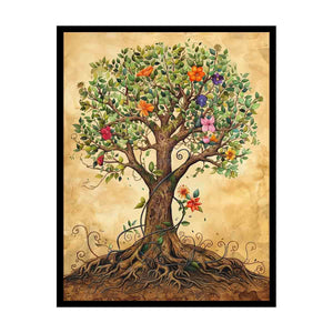 Whimsical flowering tree canvas art with roots for cozy nursery or bedroom decor.