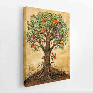 Whimsical flowering tree canvas art with roots for cozy nursery or bedroom decor.